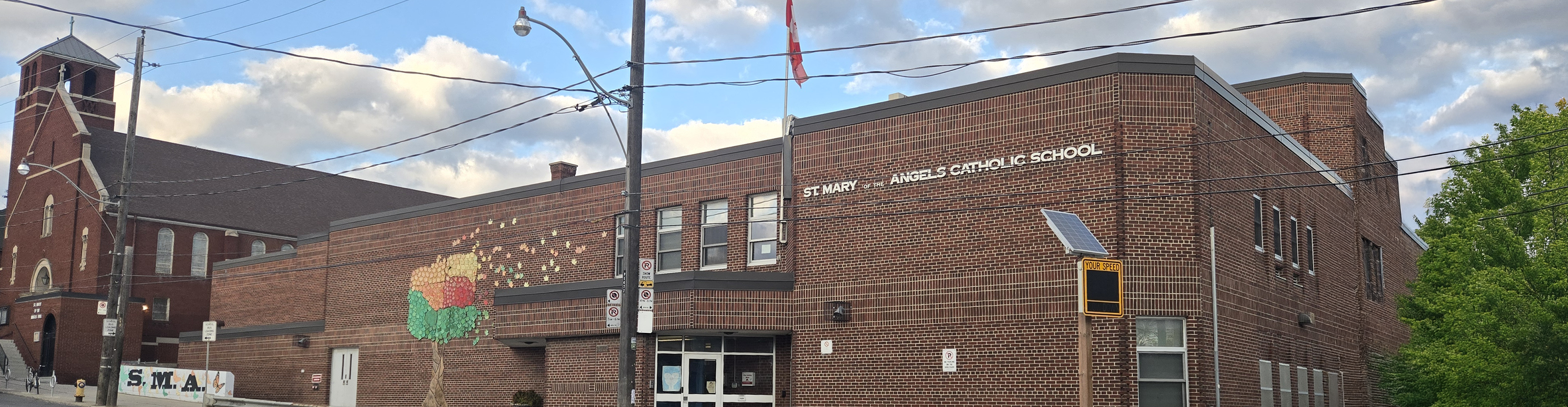 The front of the school building.