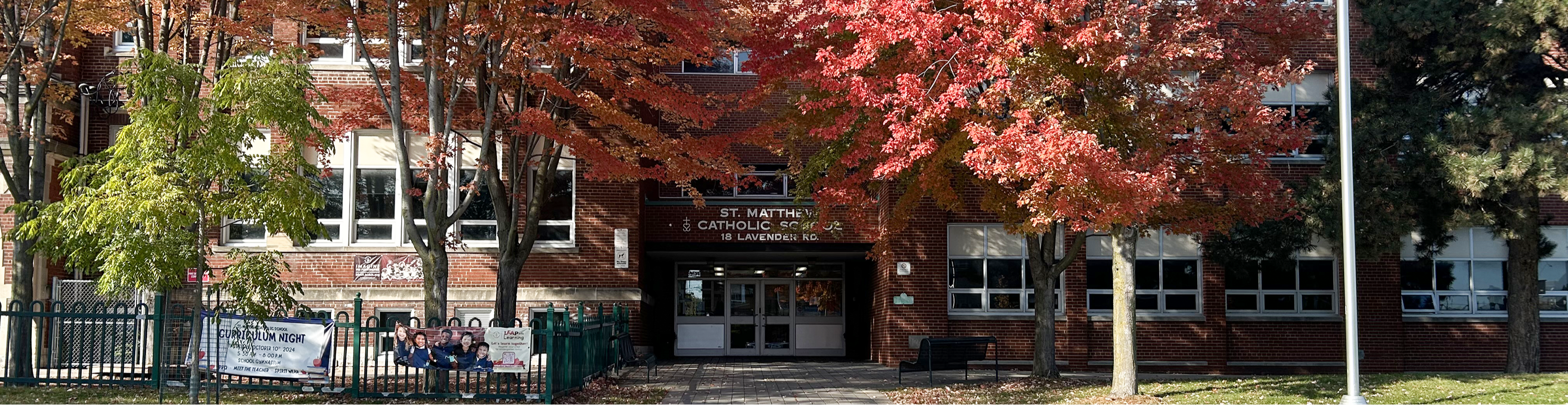 The front of the school building.