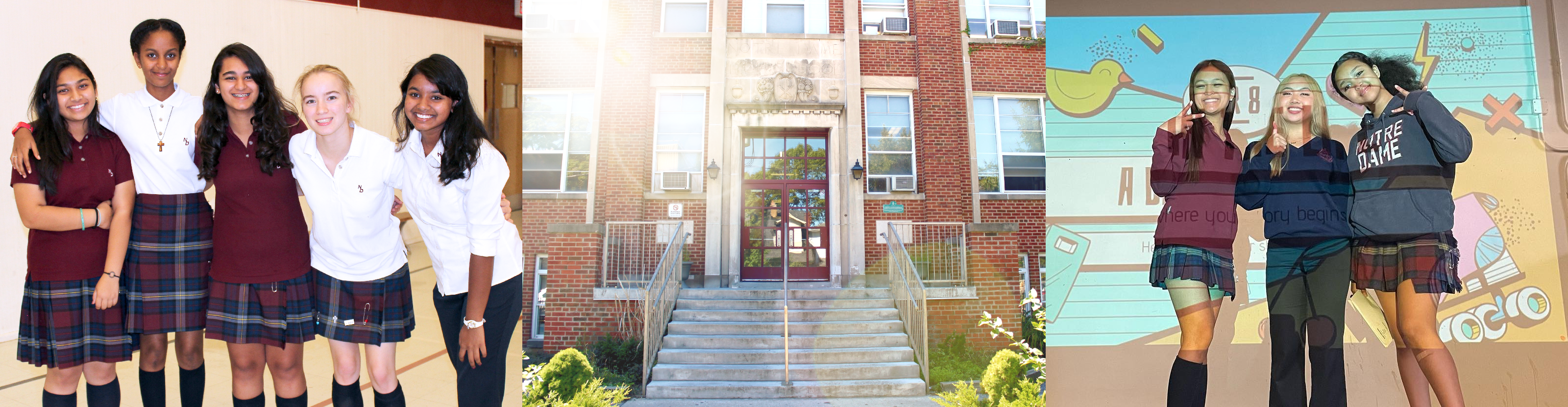 First picture is a group photo of five Notre Dame students posing together in school uniform. Second photo is the front doors of the Notre Dame school building. Third photo shows three Notre Dame students posing at an art installation in school uniform.