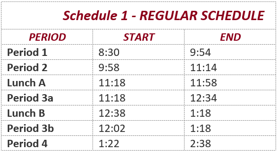 Notre Dame High School's Daily Schedule chart