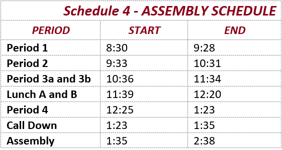 Notre Dame High School's  assembly schedule chart