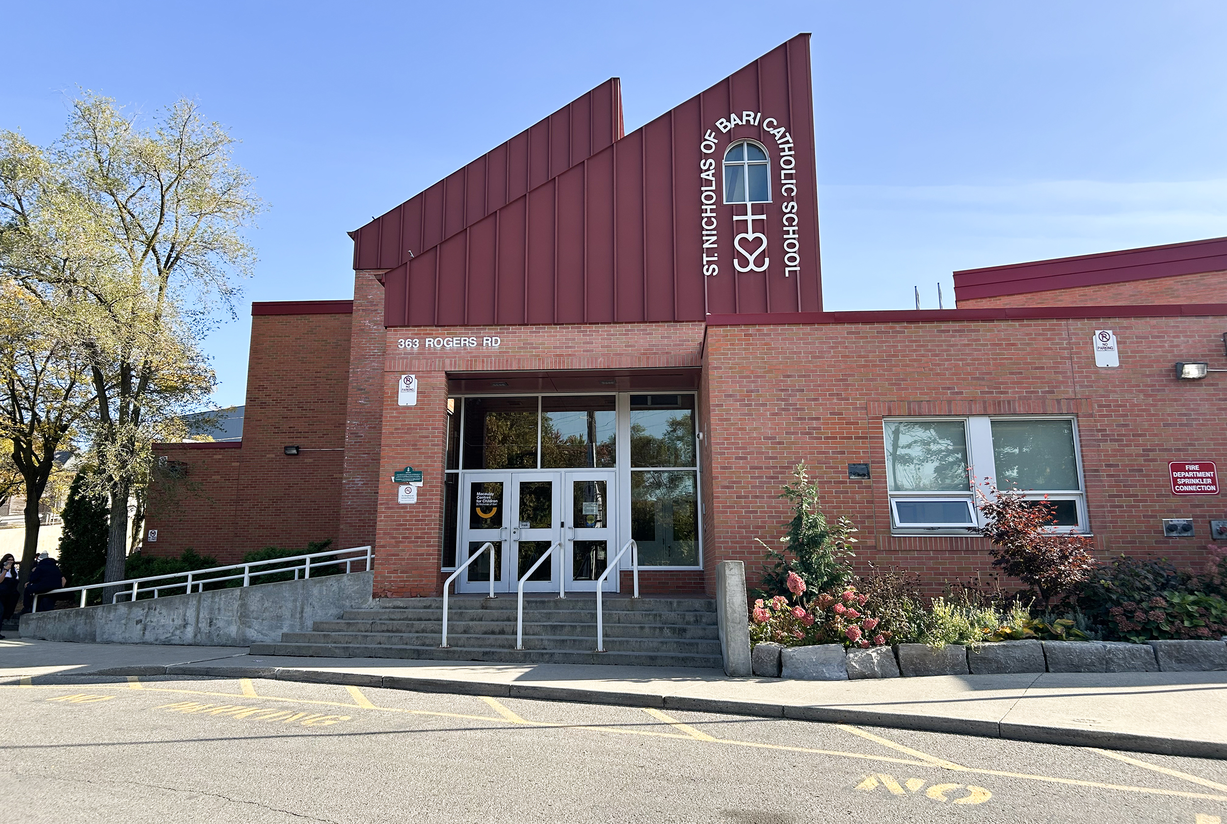 The front of the school building.