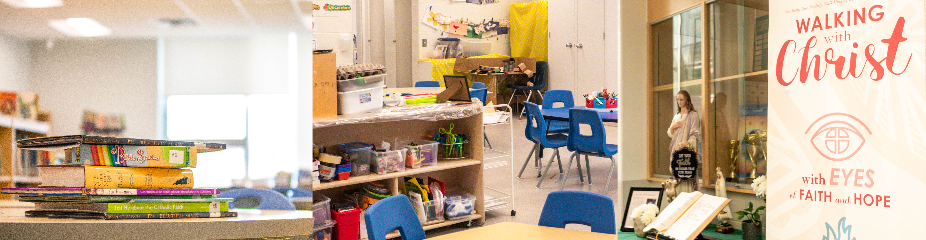 Left, stack of books lying on classroom table. Middle, craft supplies stocked in classroom. Right, Walking with Christ pastoral plan banner and resources laid out on a table in school foyer.