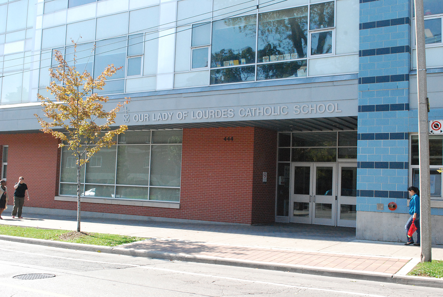 The front of the school building.