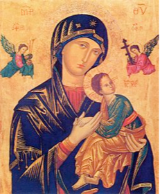 The image depicts the Blessed Virgin Mary wearing a blue mantle and veil. 