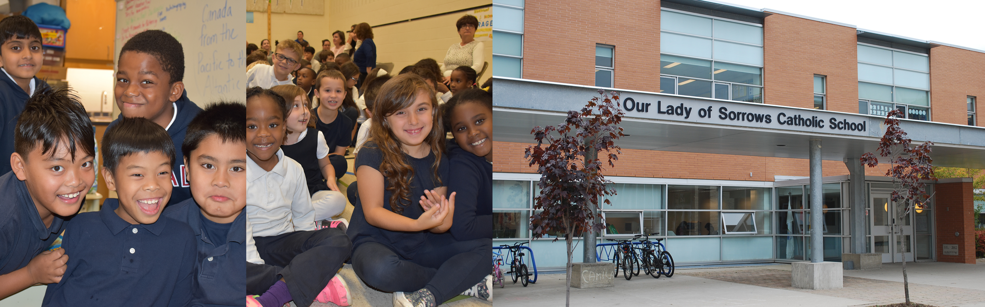 The two pictures on the left are of groups of elementary students in navy and white school uniforms. The picture on the right is of the front of the school building.