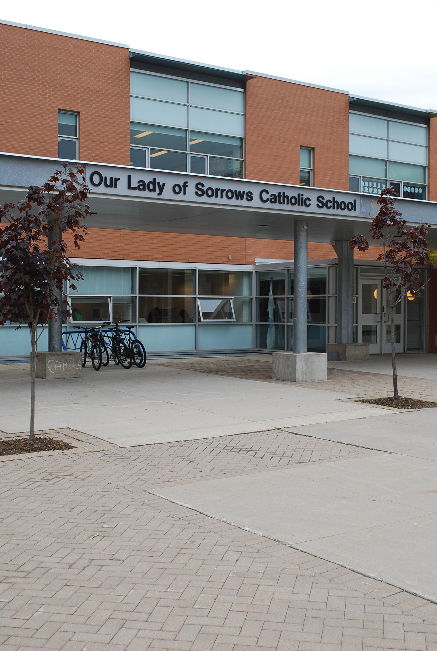 The front of the school building.