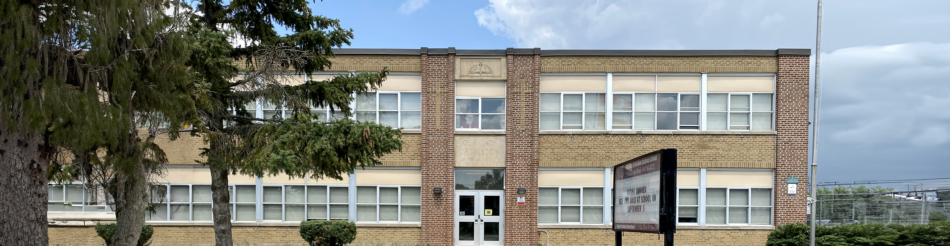 The front of the school building.