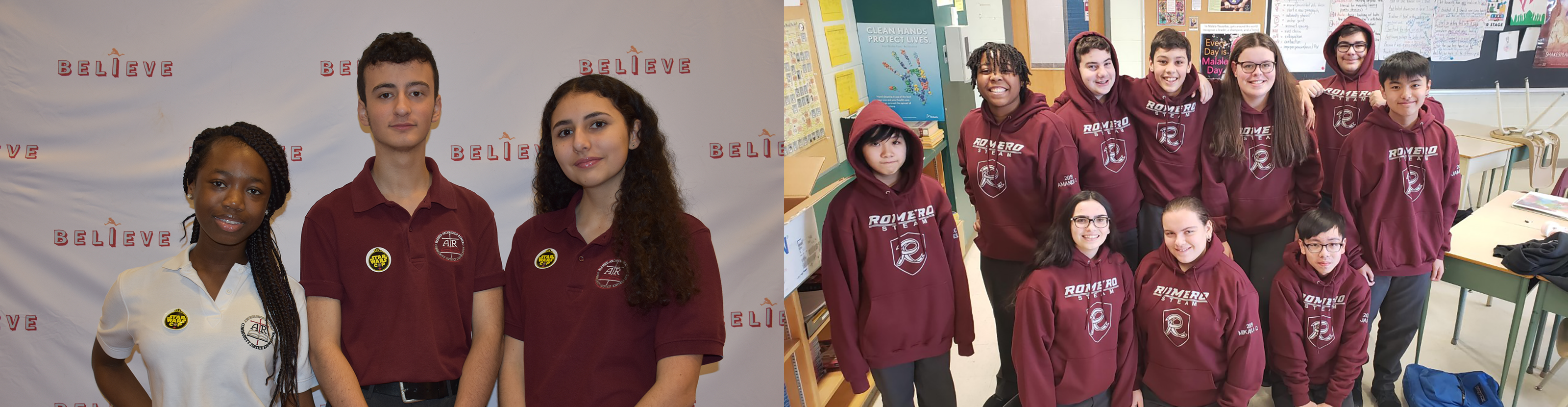 Left picture is three Oscar Romero students posing in the St. Oscar Romero school uniform, one in white uniform and two in red uniforms. Right picture is a group of ten students posing together in red St. Oscar Romero hoodies.
