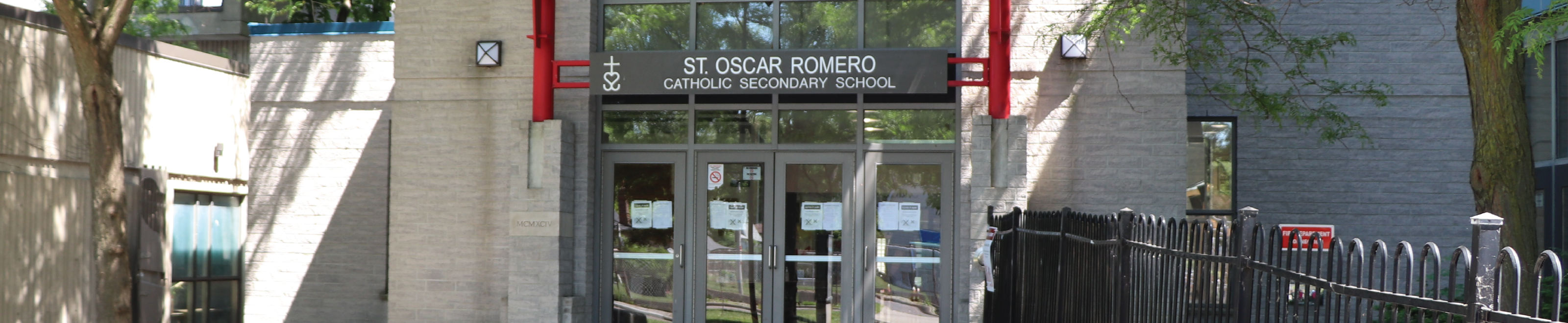 The front entrance of St. Oscar Romero Catholic Secondary School.