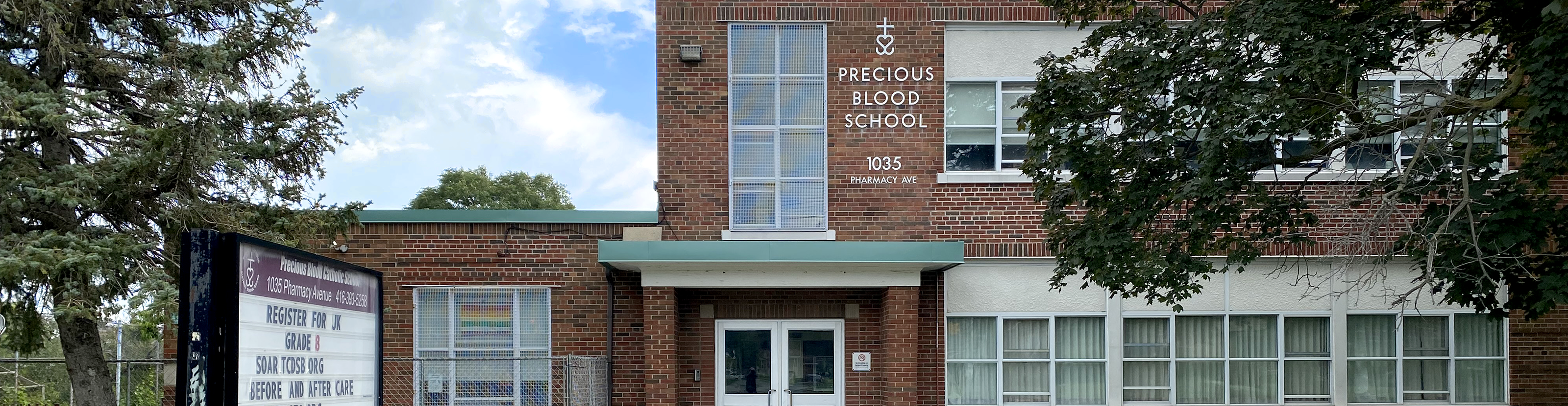 An image of the front of school building.