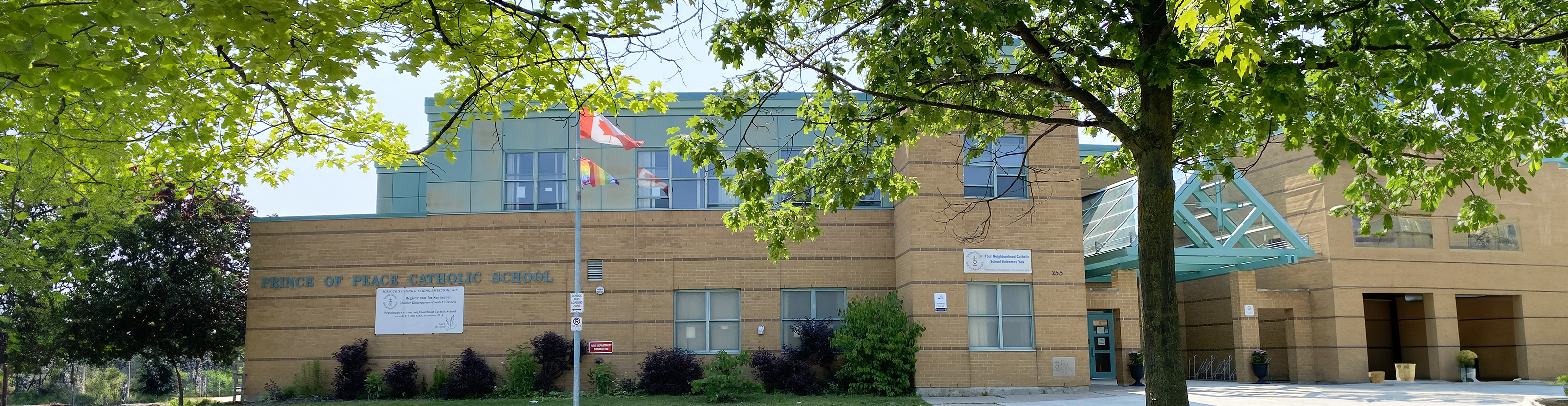 The front of the school building.