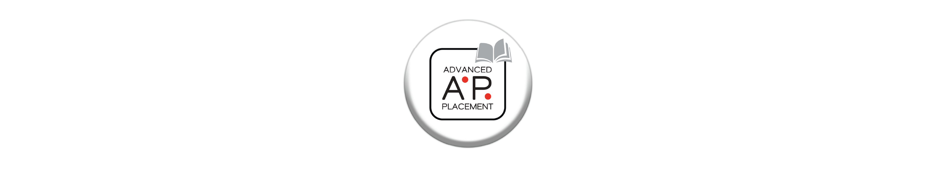 A while round logo with Advanced Placement (AP) written on it. There is an illustration of a book near the top right corner. 