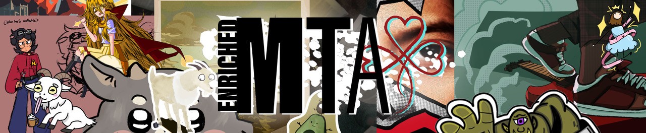 Collage-style banner with bold text 'ENRICHED MTA' surrounded by colorful digital artwork, including cartoon goats, fantasy characters, abstract designs, and stylized faces.