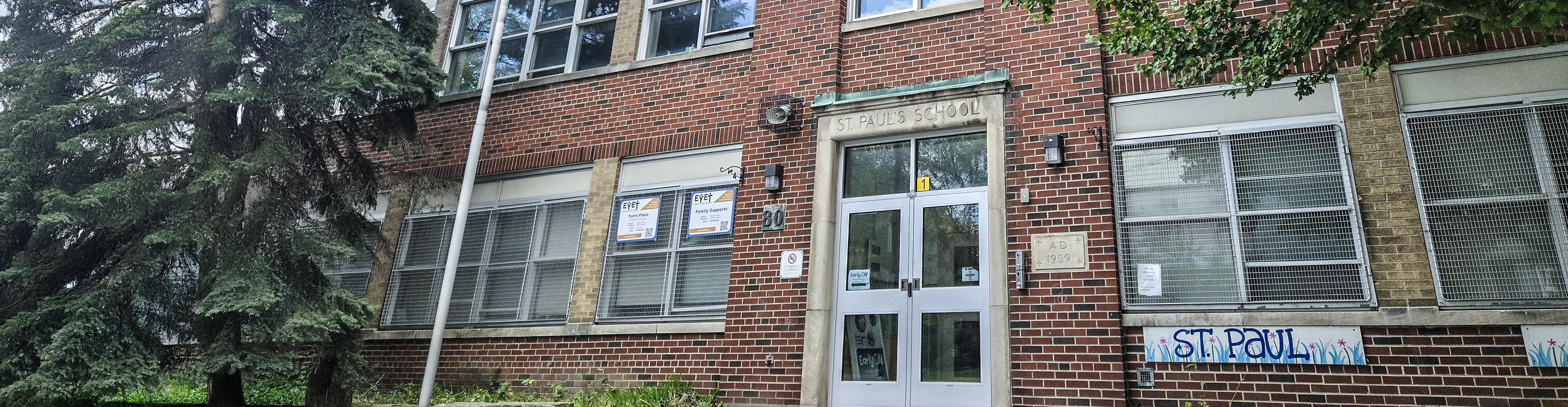 The front of the school building.