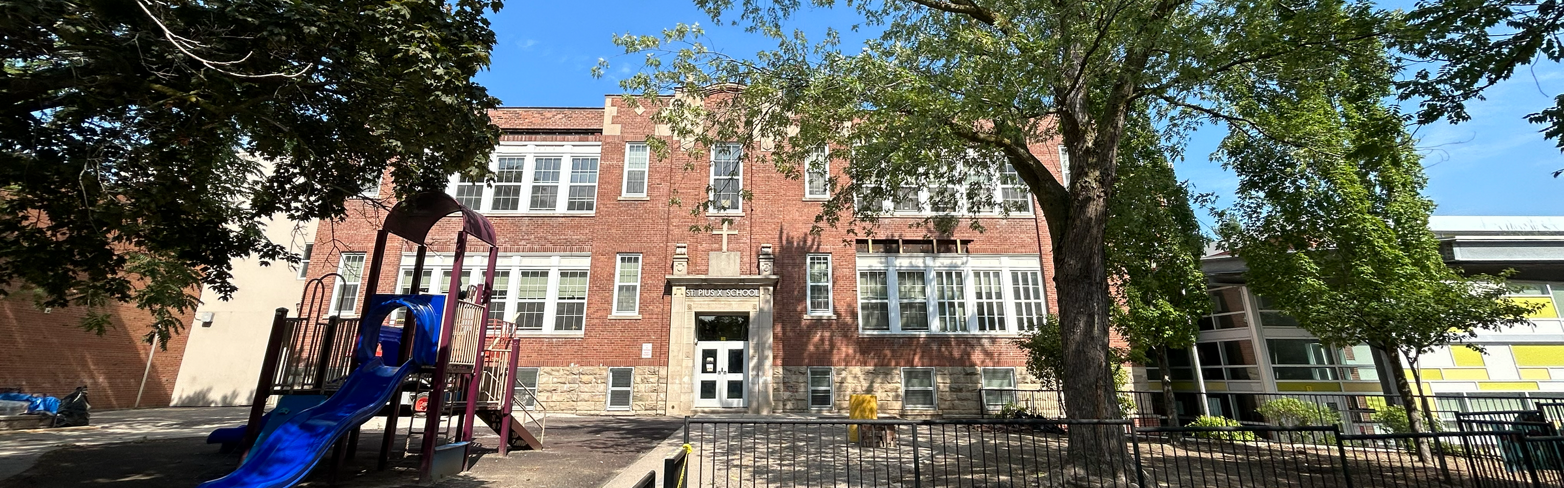The front of the St. Pius X Catholic School building.