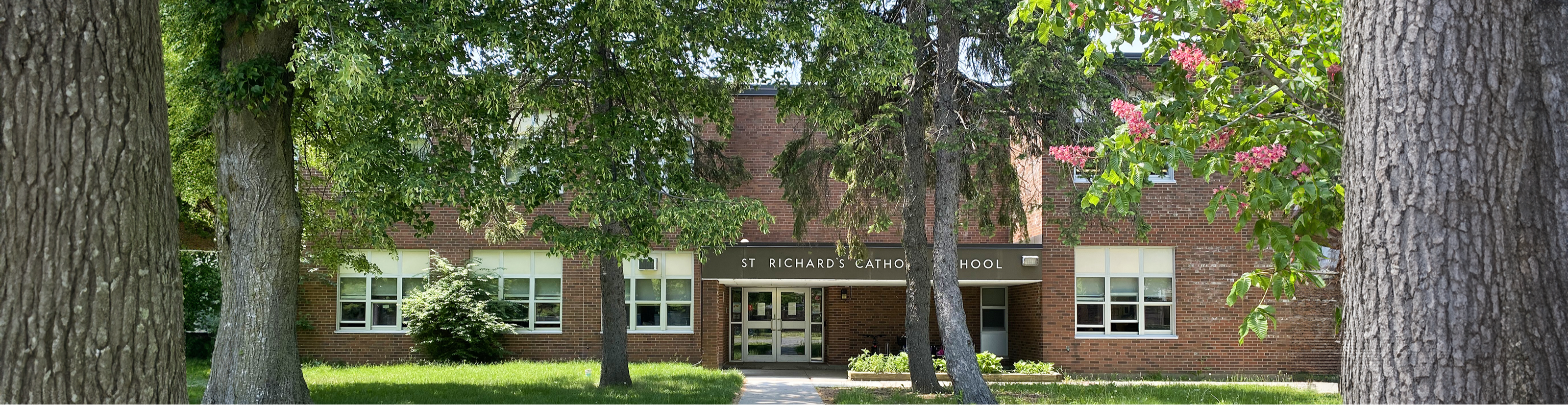 The front of the school building.