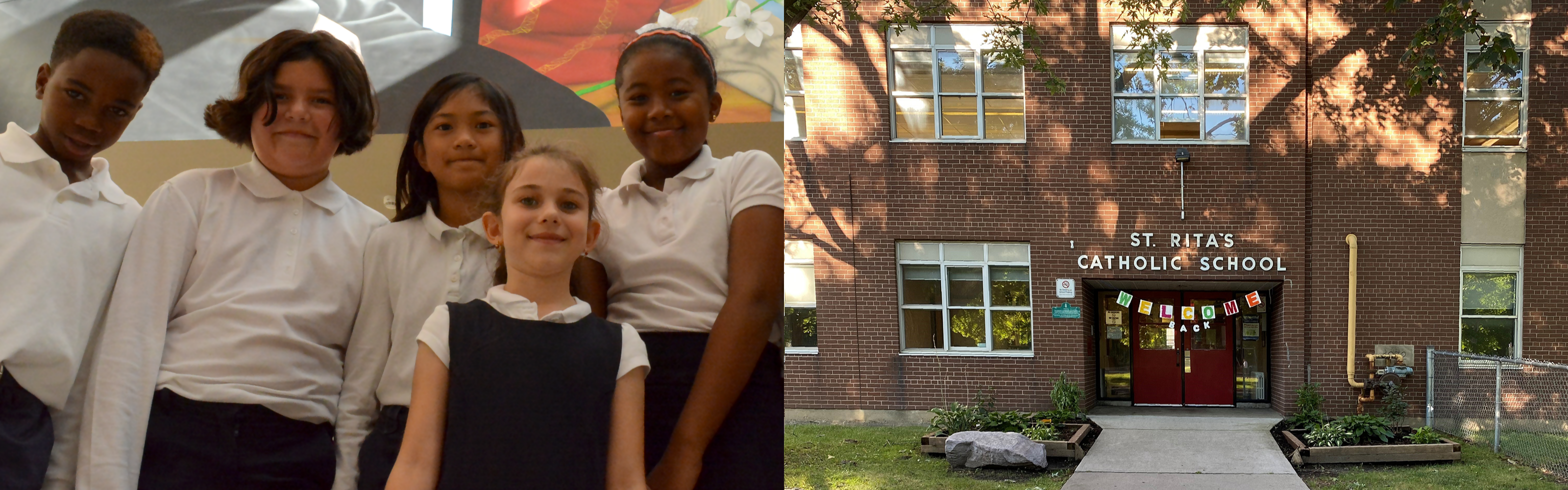 Left, a group of elementary students in white and navy school uniform. Right, the front of the St. Rita Catholic School building.