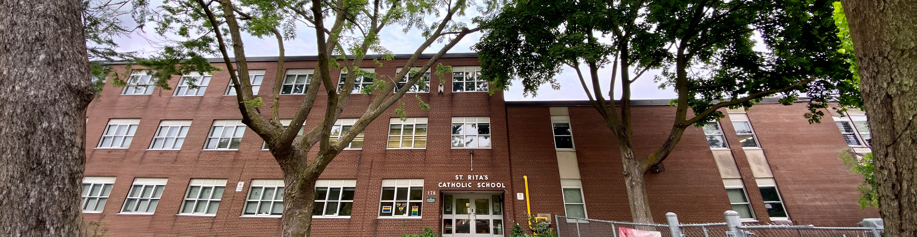 The front of the school building.