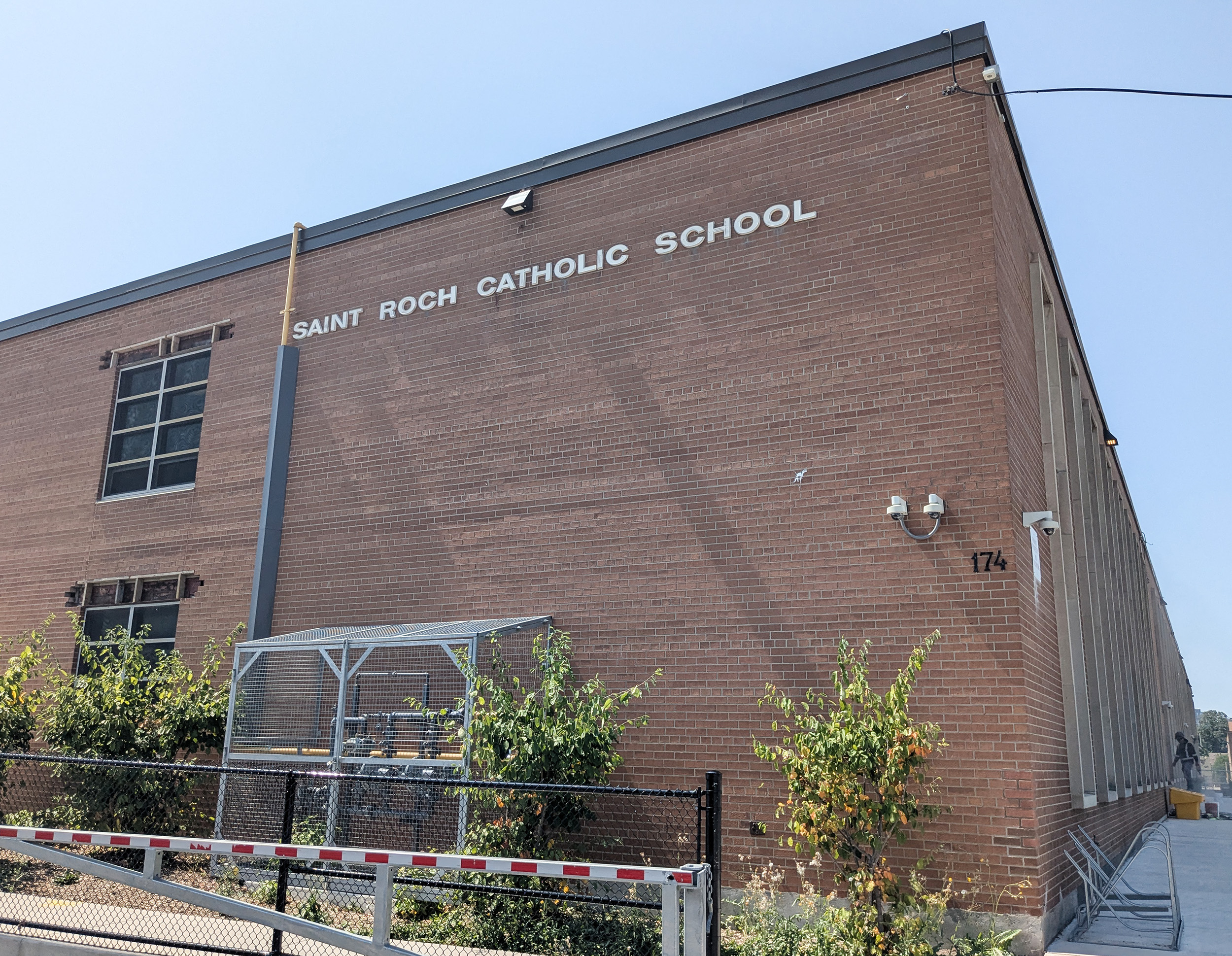 The front of the school building.