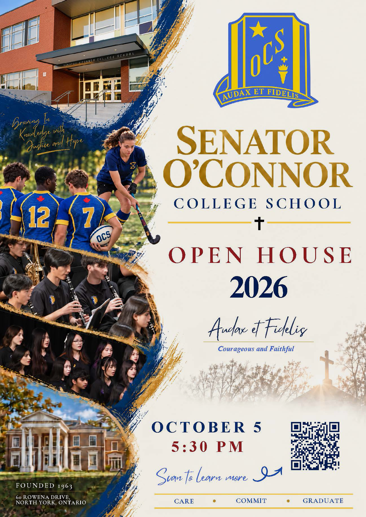 Graphic flyer for Senator O’Connor College School 2026 Open House, with campus photos, photos of students playing field hockey and music, beside event details for October 5, 2026 at 5:30 PM.
