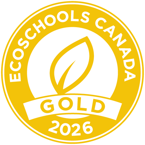 Gold circular “EcoSchools Canada” 2026 badge featuring a stylized leaf and ribbon; bright yellow-and-white design conveys sustainability and achievement.