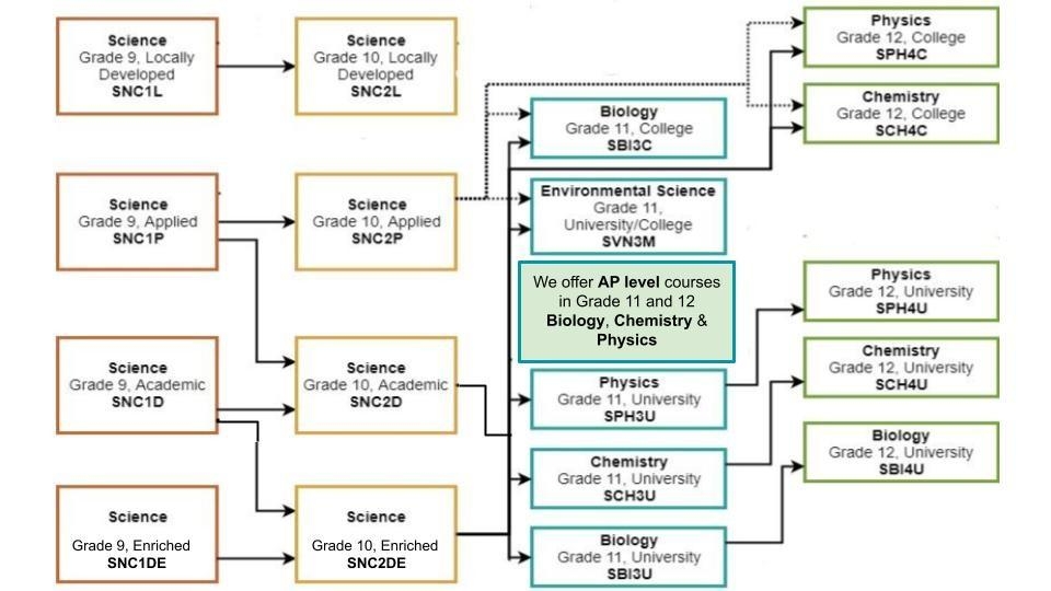A pathway chart shows Grade 9 science options leading to Grade 10 courses, then Grade 11 biology, chemistry, environmental science, or physics and Grade 12 college or university courses.