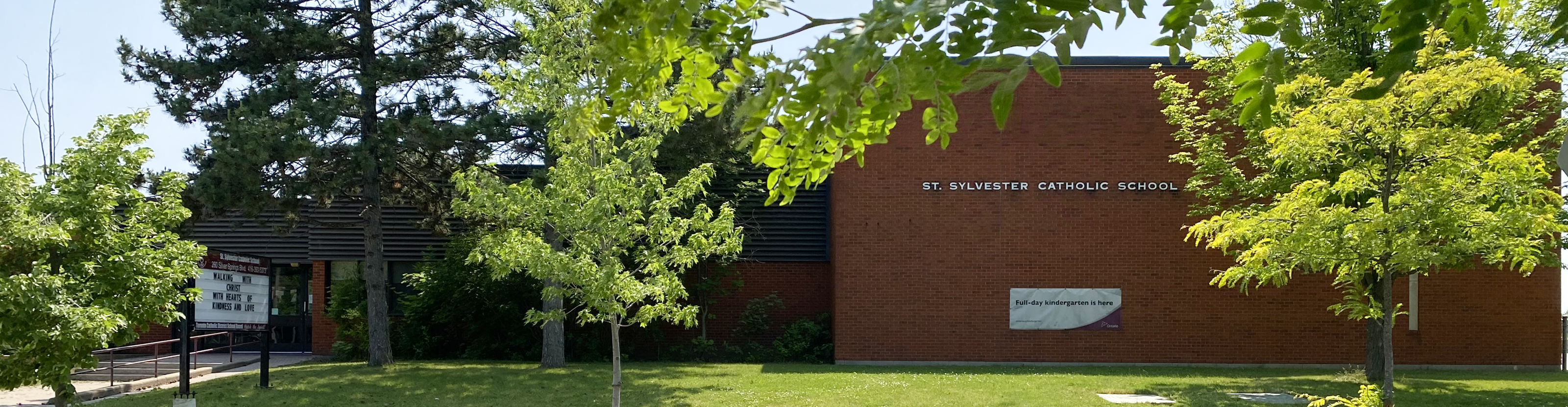 The front of the school building.