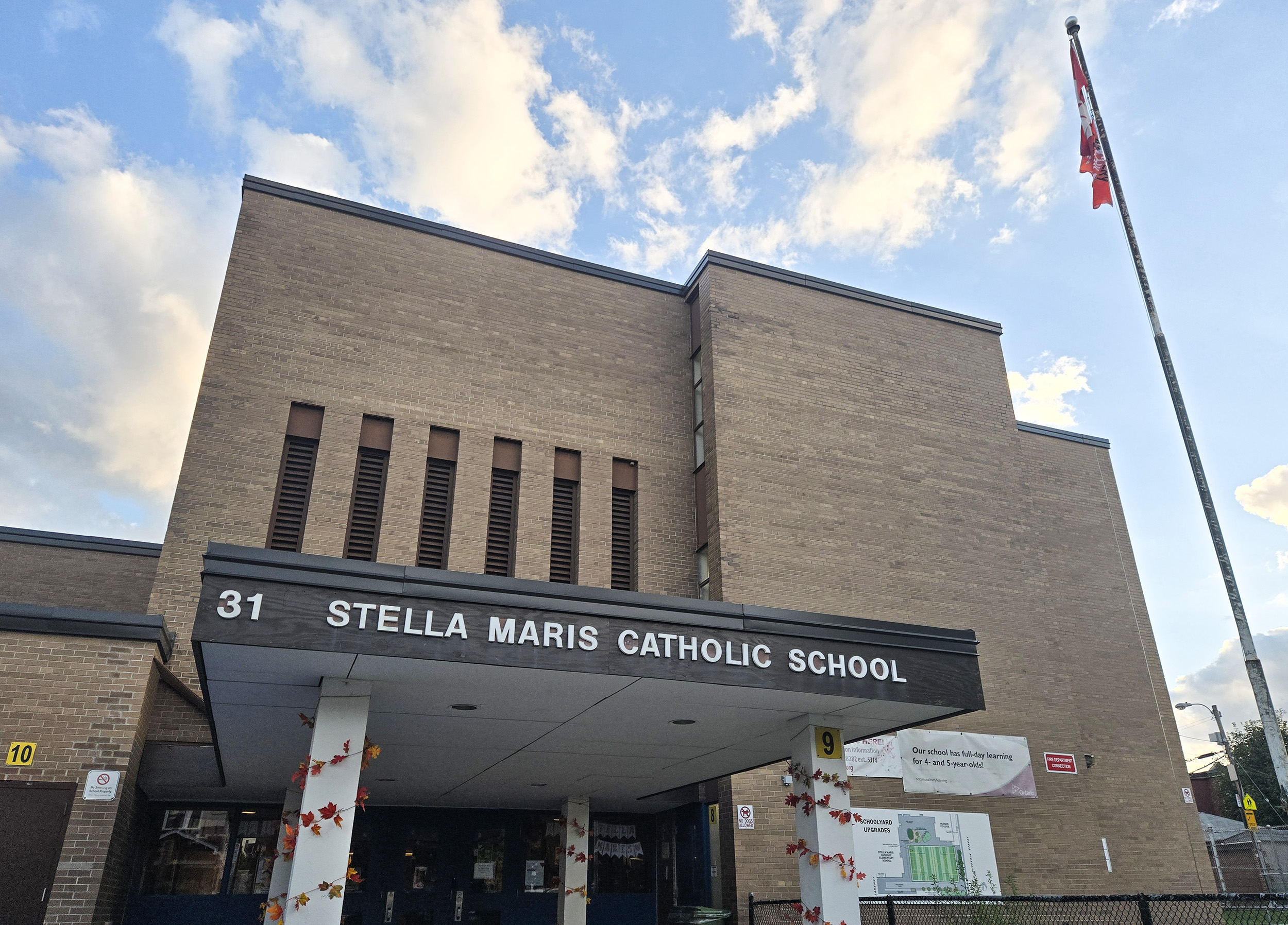 The front of the school building.