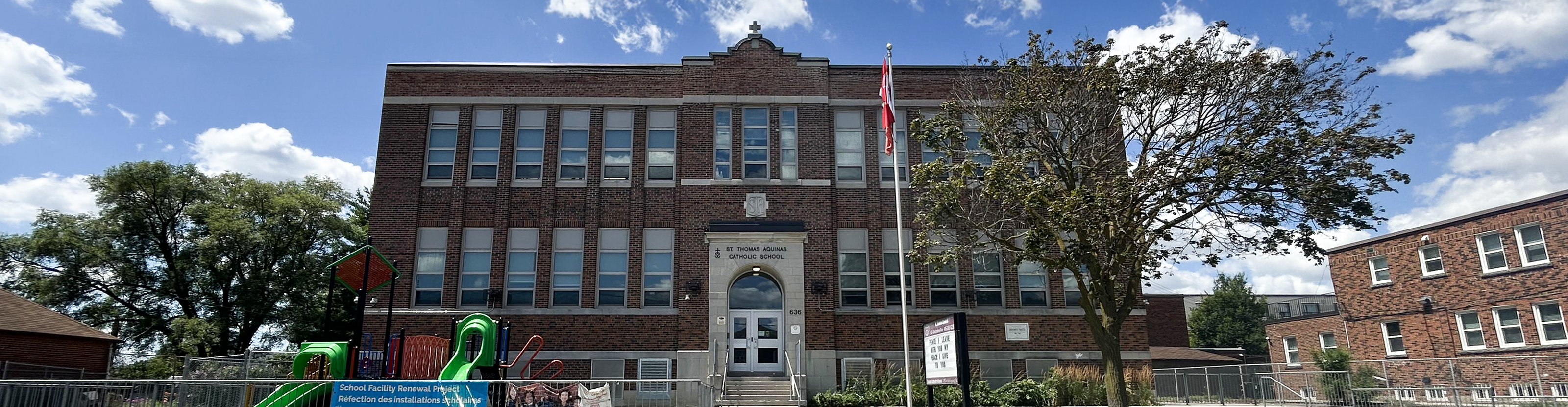 The front of the school building.