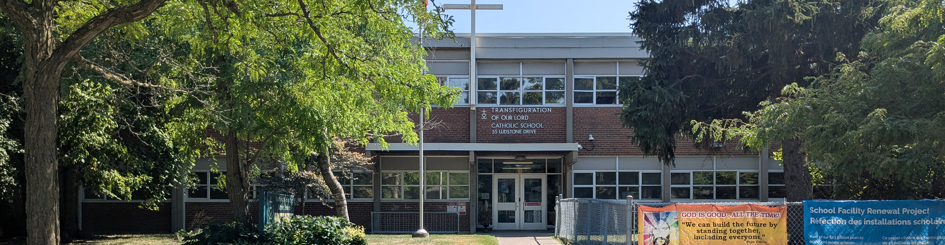 The front of the school building.