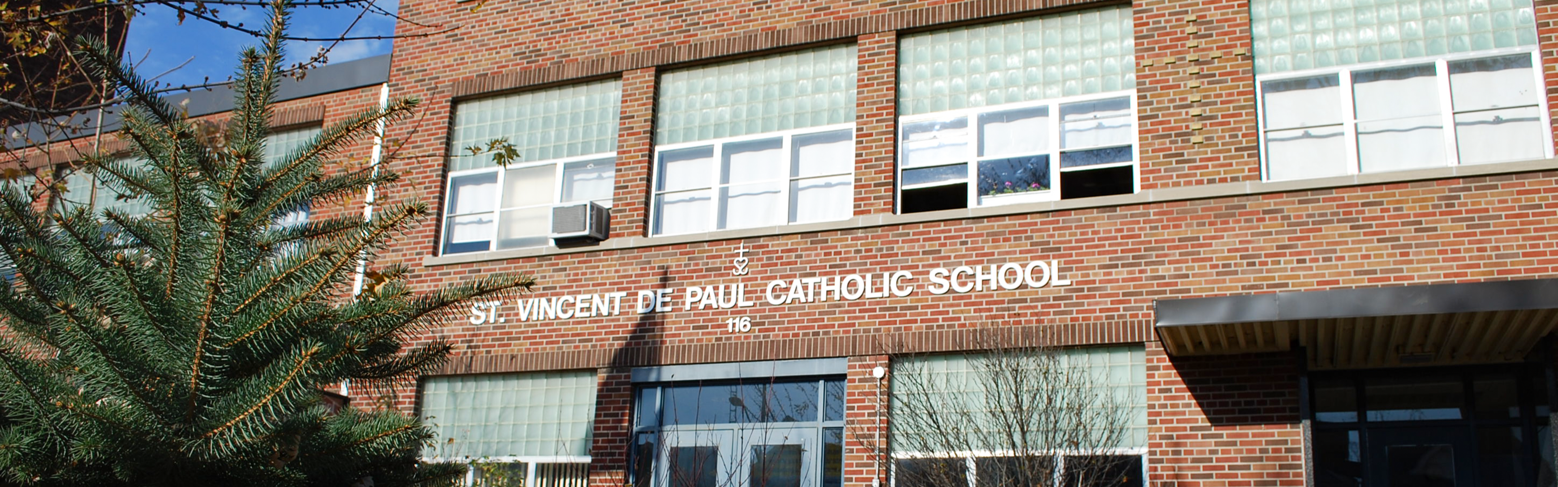 The front of the St. Vincent de Paul Catholic School building.