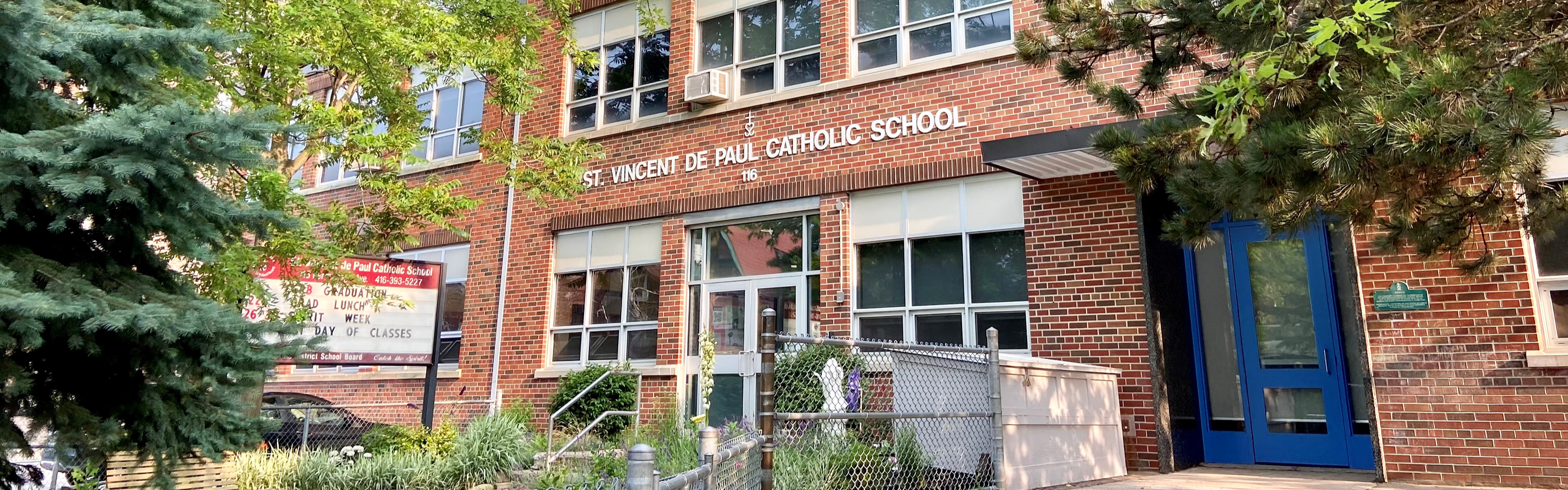 The front of the St. Vincent de Paul Catholic School building.