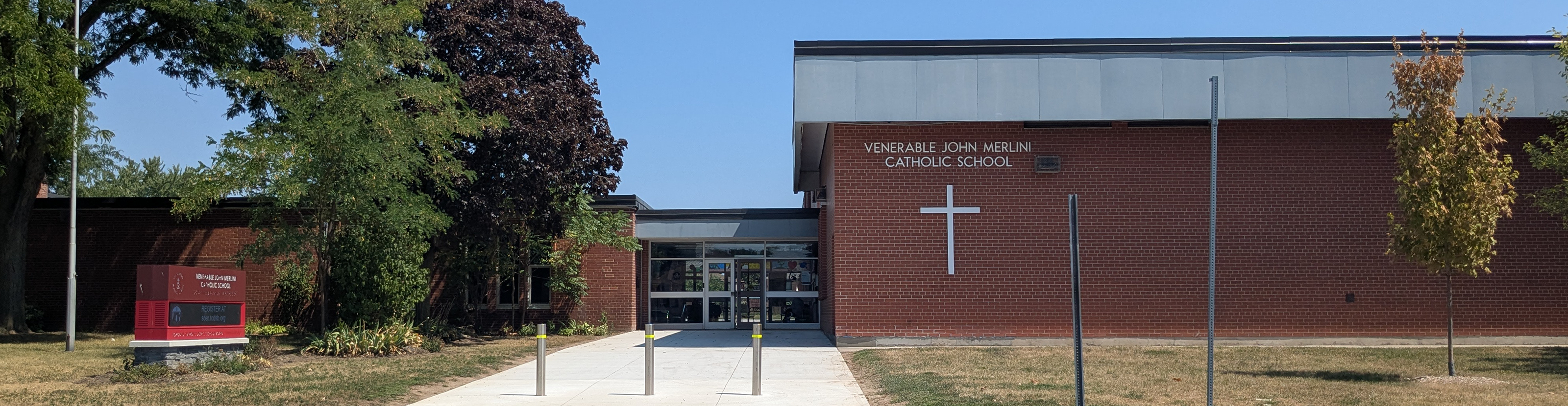 The front of the school building.