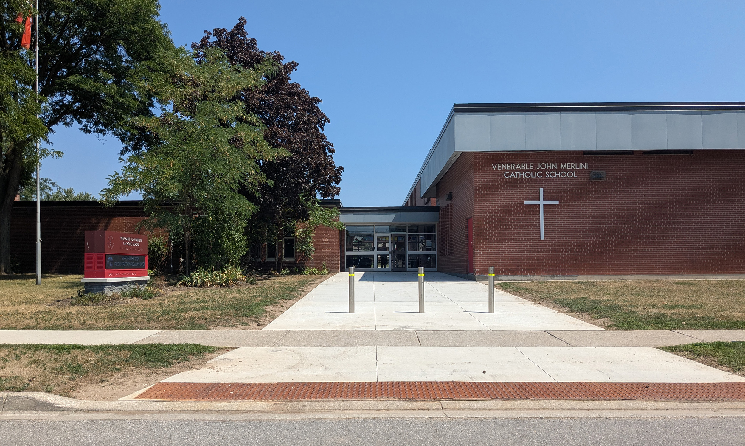 The front of the school building.