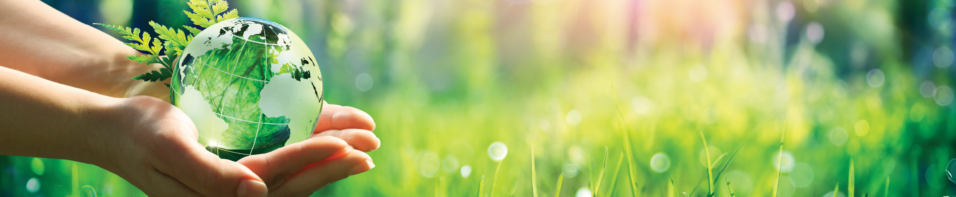 A pair of hands holding a globe with a grassy field behind.