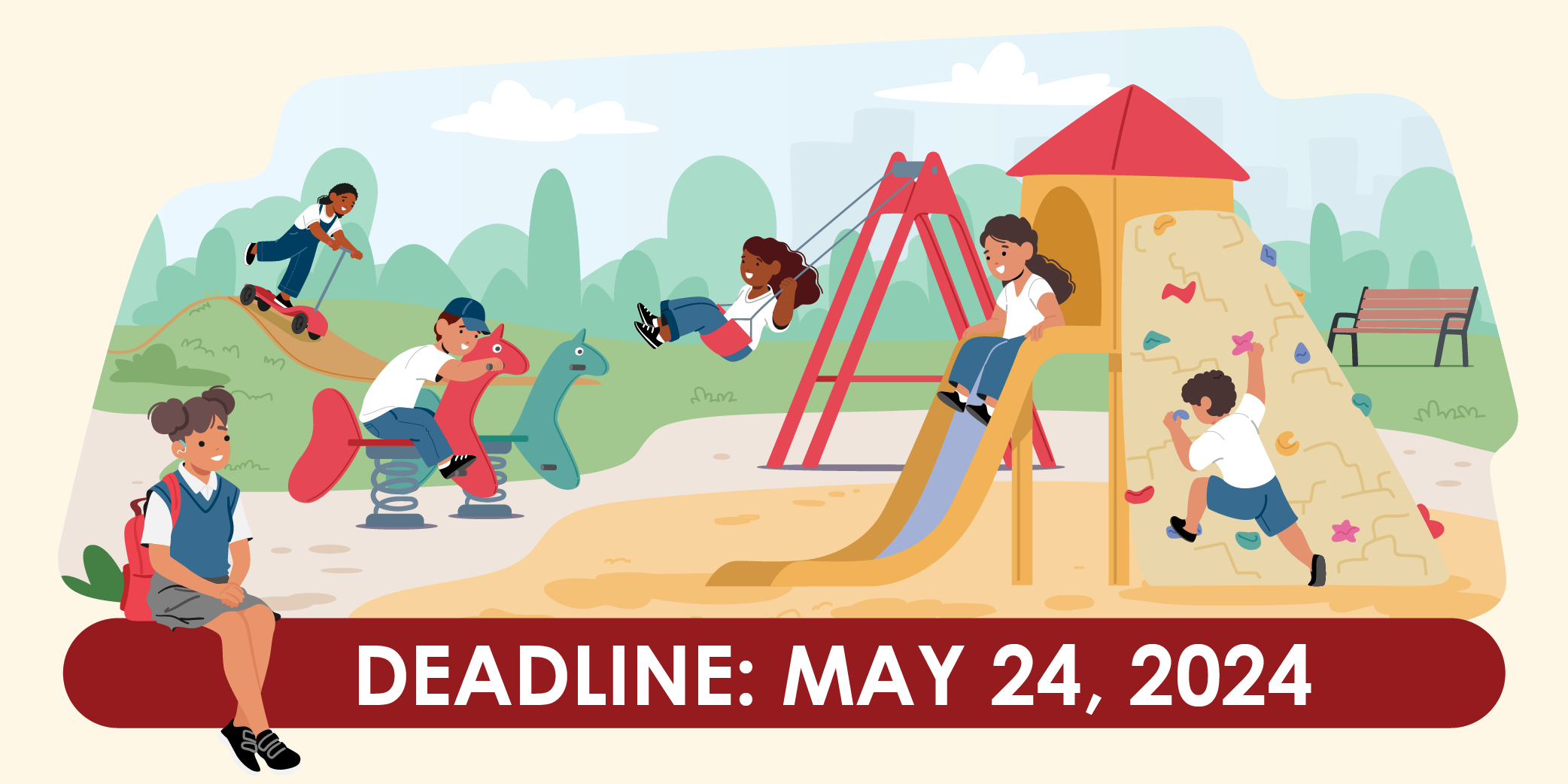 Illustration of children on a playground with the text "Deadline: May 24, 2024"