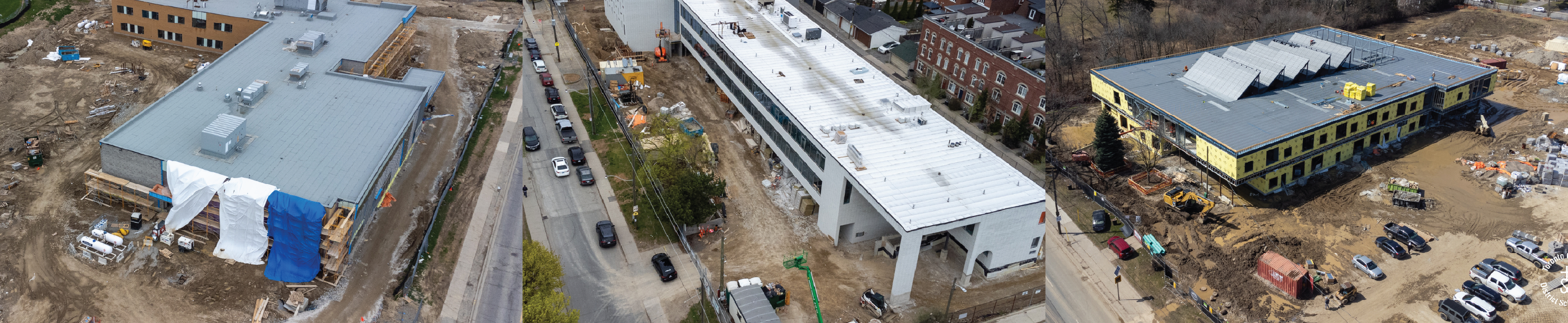 An image consists of 3 photos of new school being constructed.