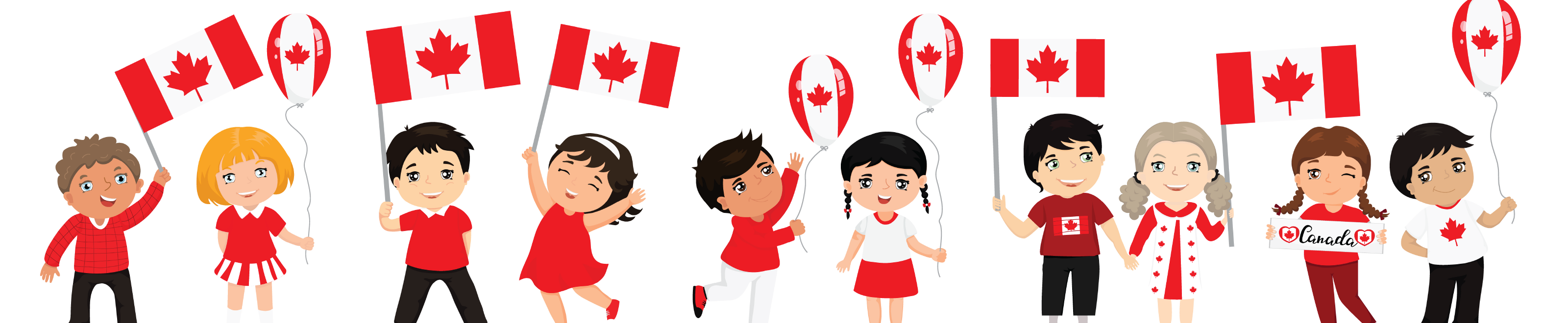 Illustrated children representing diversity and holding Canadian flags.