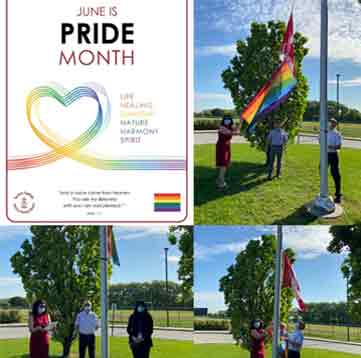 A four image collage of people raising the Pride flag plus the Pride Month flyer
