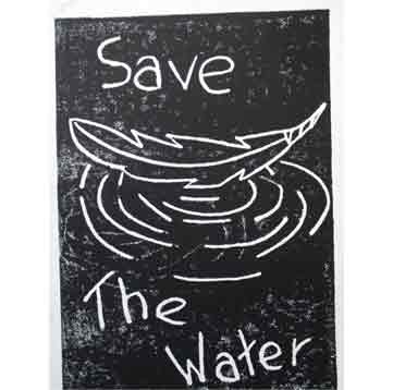 Black image with white feather over water between text: Save the Water.