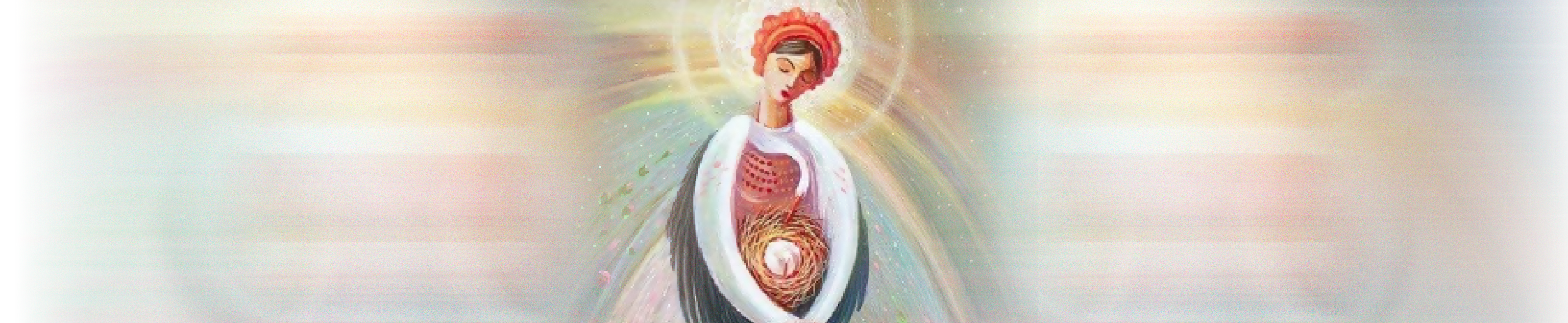 Painting of woman in traditional Ukrainian clothing, with black wings and holding an egg in a nest in her arms