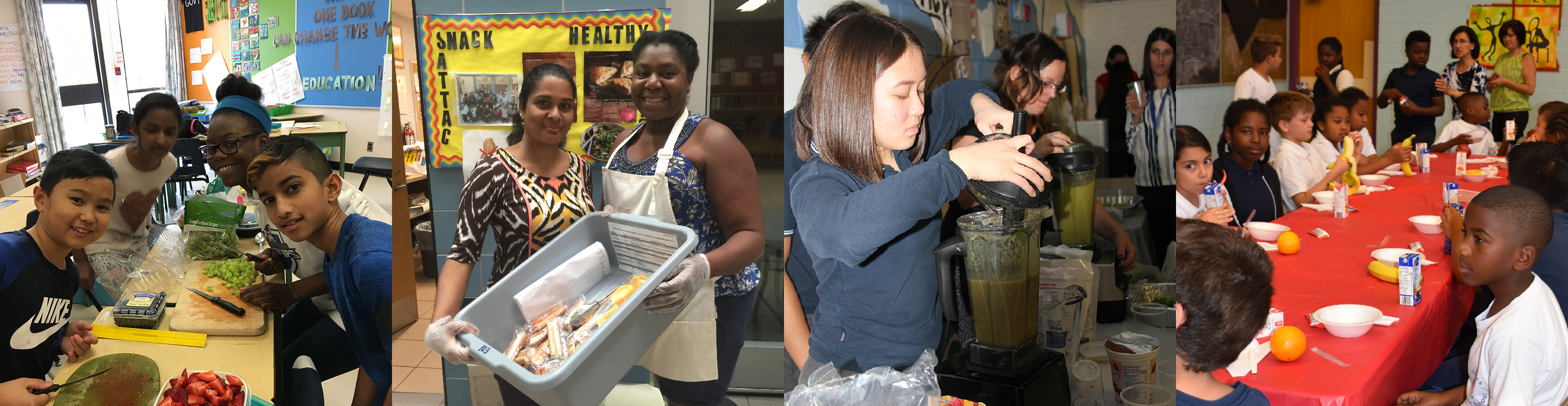 First photo is of students preparing various fruits to serve for breakfast. Second photo is of two nutrition program volunteers with a tub of food. Third photo is of students and staff preparing smoothies to serve. Fourth photo is of a group of students around a table eating breakfast together.