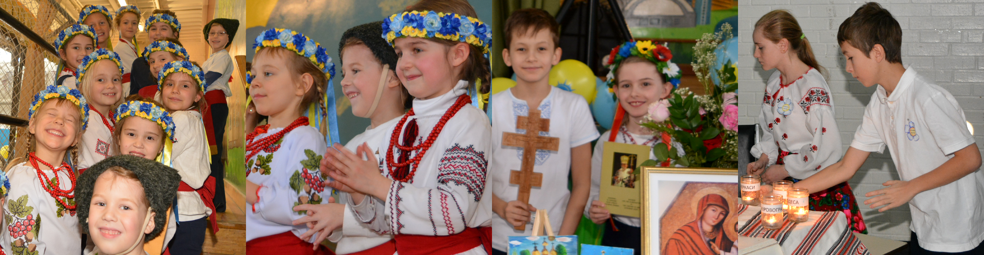 Three photos of TCDSB students in traditional Ukrainian clothing for the Patronal festival and one photo of Ukrainian students placing candles at a Holodomor Commemoration event.