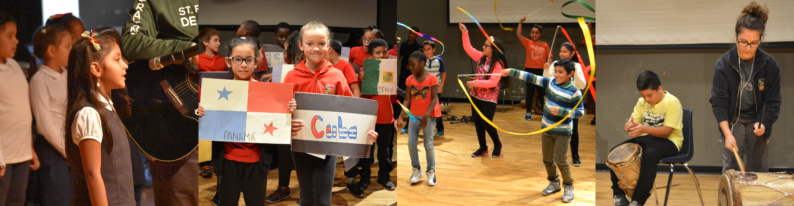 First photo is of a student singing at a celebration event accompanied by a teacher on guitar. Second photo is of students holding up flags of South American countries including Panama, Cuba and Mexico. Third photo is of students performing with colourful ribbons at a celebration event. Fourth photo is of a student and staff member performing with traditional drums at a celebration event.