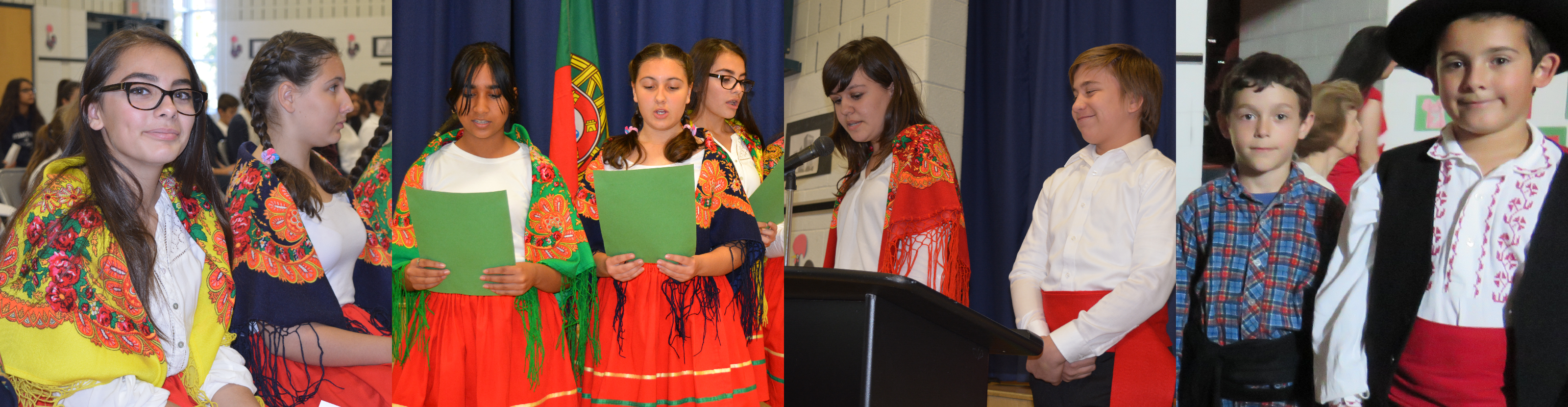 Four photos of students dressed in traditional Portuguese clothing to perform at an event celebrating Portuguese Canadian Heritage.