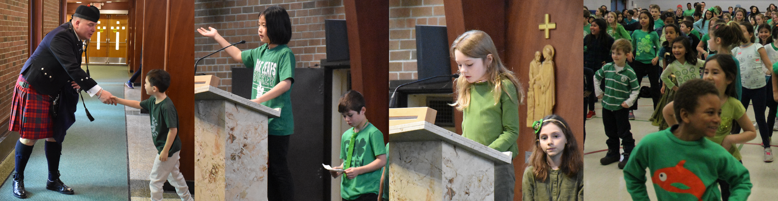 First photo is of a student shaking hands with a bagpipe player in traditional kilt. Second and third photo are of students giving presentations about Celtic Canadian Heritage Month. Fourth photo is of a group of students doing a traditional dance in honour of Celtic Canadian Heritage Month.