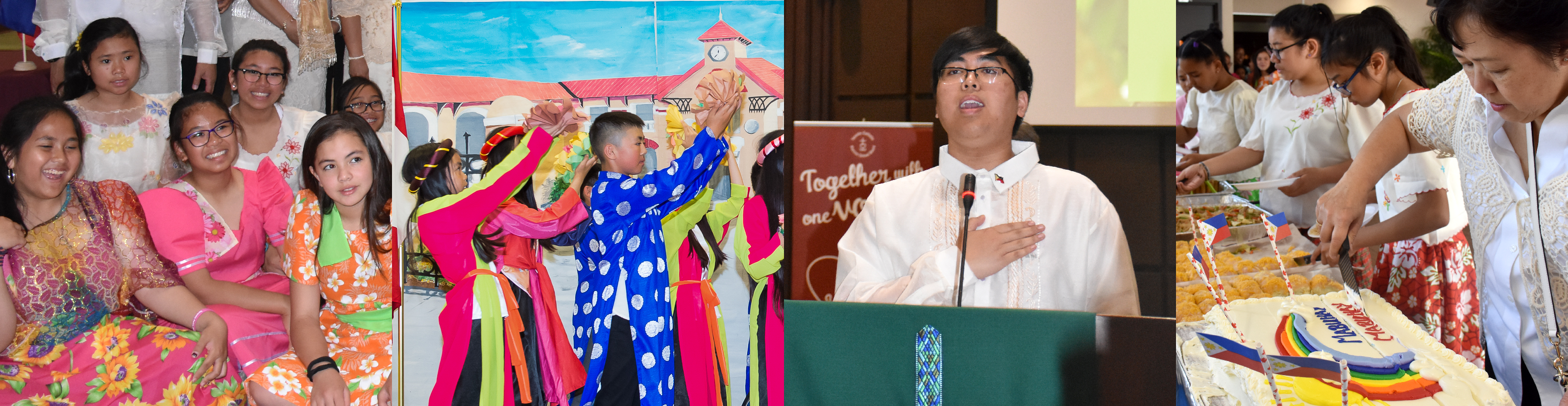 First photo is of students dressed up in traditional Filipino dress for the Filipino Cultural Heritage Month Mass and Expose. Second photo is of students performing on stage in traditional Filipino dress. Third photo is a of a student reciting a prayer at the podium. Fourth photo is of students, staff and parents picking traditional Filipino food to eat from the buffet spread.