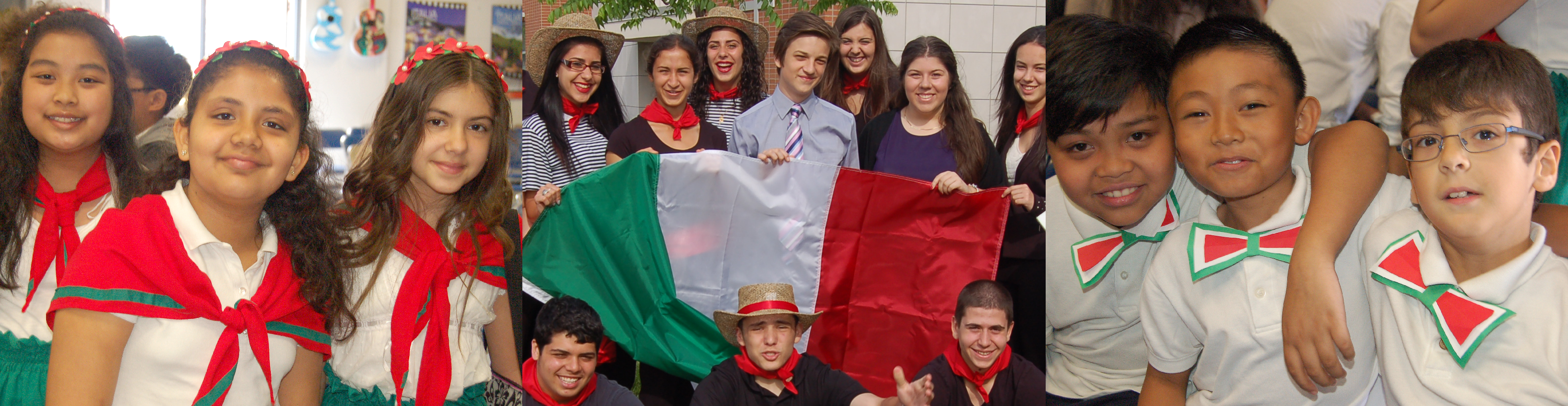 Three photos of students dressed up for Italian Canadian Heritage Month in traditional Italian dress and in the colours of the Italian flag (green, white and red).