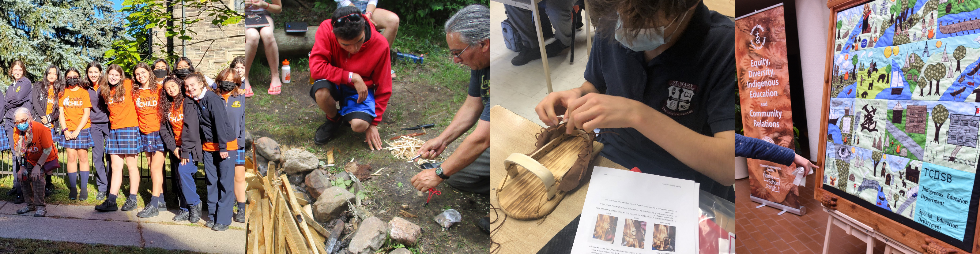 A banner made of four photos. The first photo shows a group of secondary school students wearing orange Every Child Matters shirts over their school uniforms, for Orange Shirt Day. The second photo shows an Indigenous knowledge keeper showing students how to traditionally prepare a fire during camping trip. The third photo shows a student doing an exercise in class for hand-weaving traditional Indigenous shoes. The fourth photo shows a presentation by the Equity Department at the CEC in collaboration with the Special Education Department, showing a collage of student artwork of Indigenous peoples and culture.